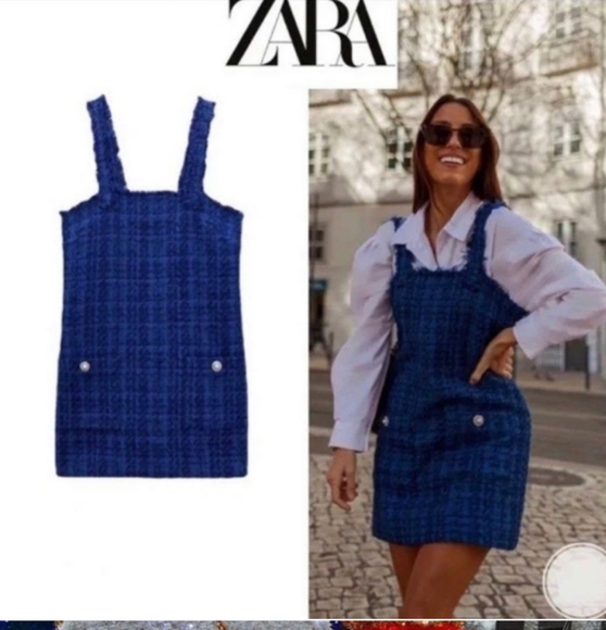 Zara Blue Tweed Jumper Dress Pinafore Mini Sleeveless Size Medium  With Pockets! - Picture 6 of 16